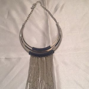 Silver and blue leather bib with chains